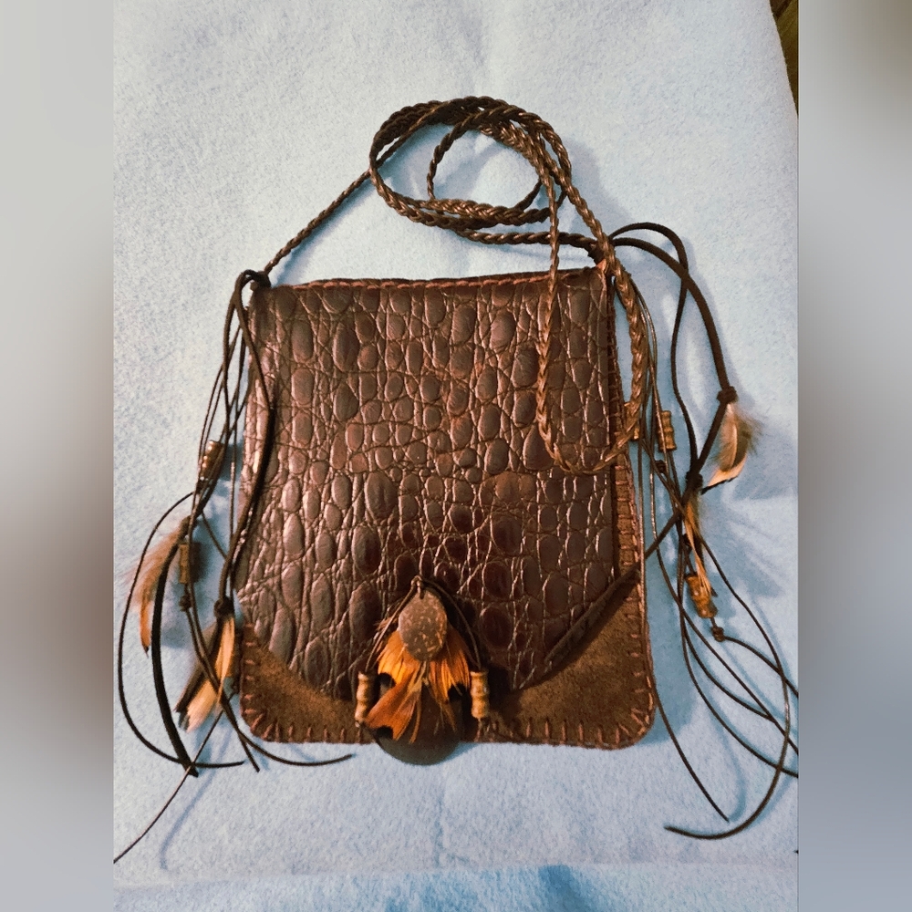Artisan Crafted Boho Tooled Leather Crossbody Pouch/Passport Bag w/Braided Cord